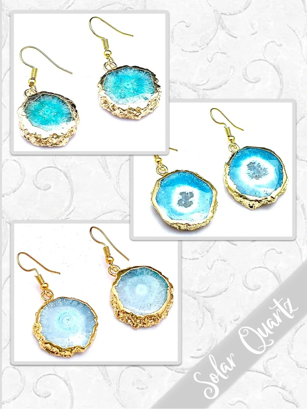 Solar Quartz Druzy Eclectic Gold Drop Dangle Artisan Earrings (Aqua, Turquoise)